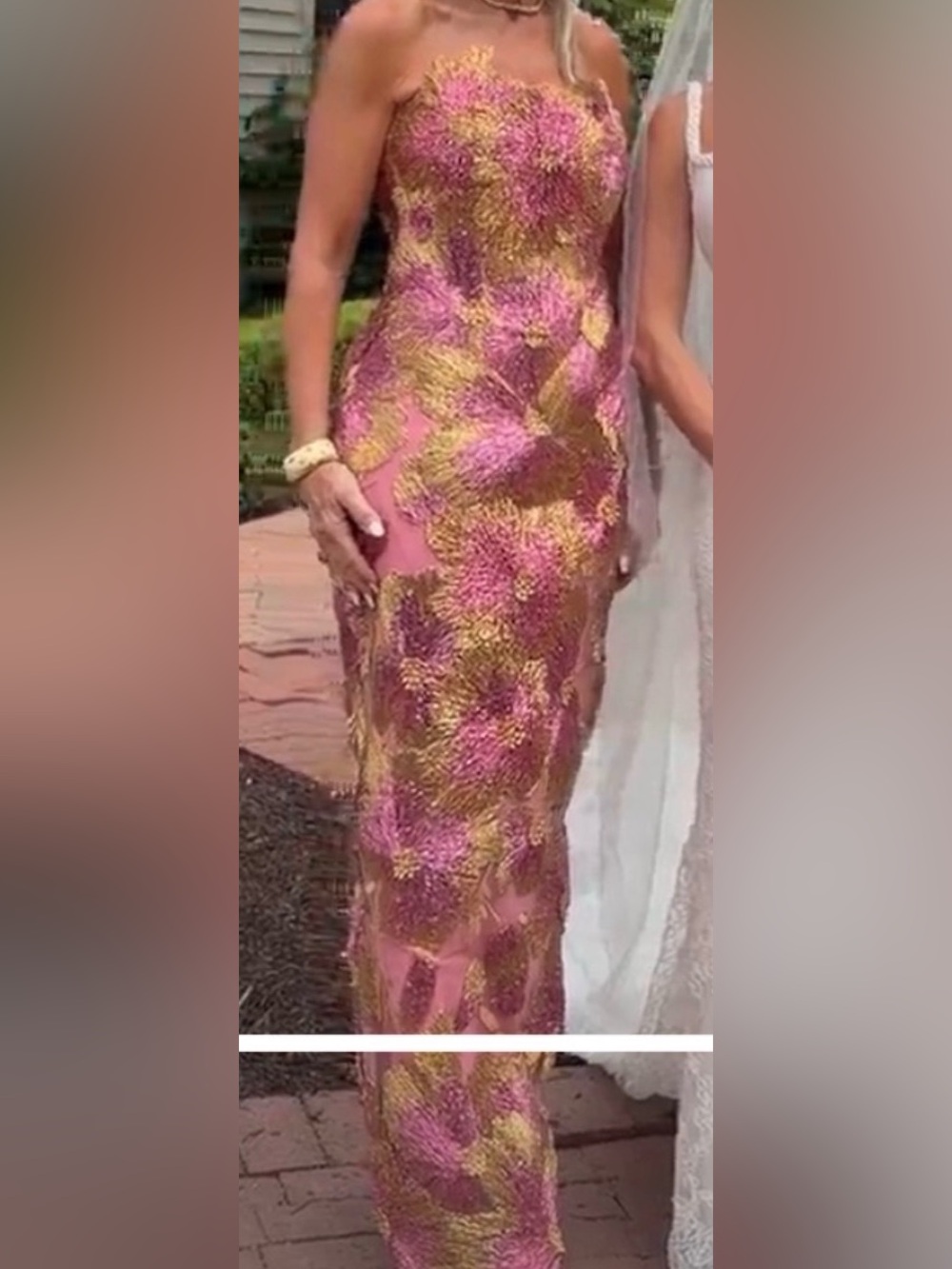 Monique Lhuillier Strapless Pink and Gold Embroidered Evening Gown